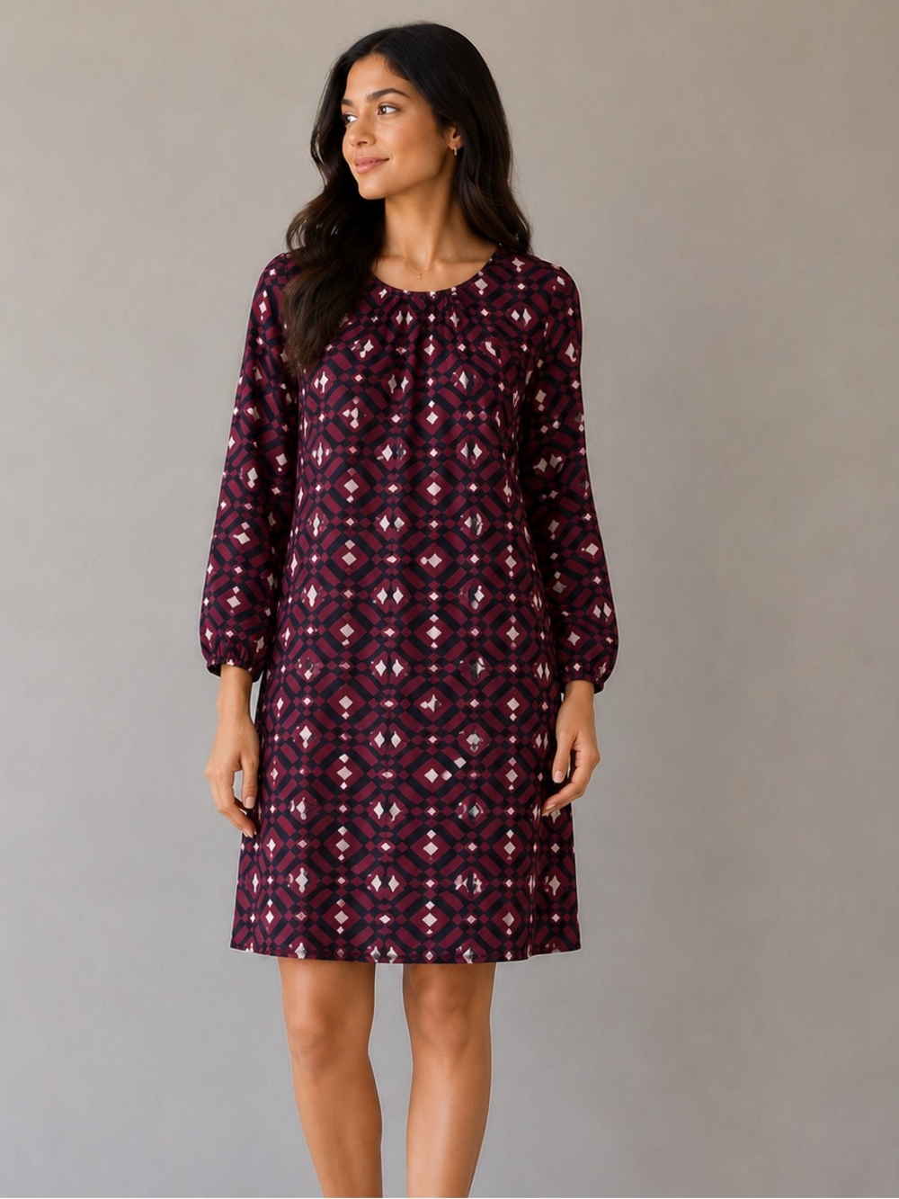 ZARA Burgundy and Black Geometric Long Sleeve Dress